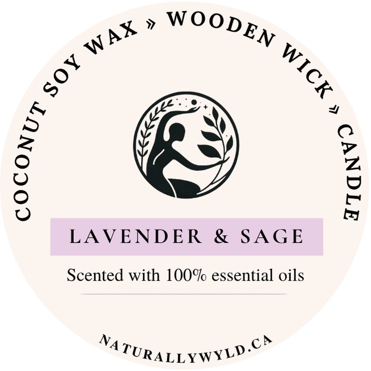 Lavender & Sage candle lid label — coconut soy wax wooden wick, scented with essential oils