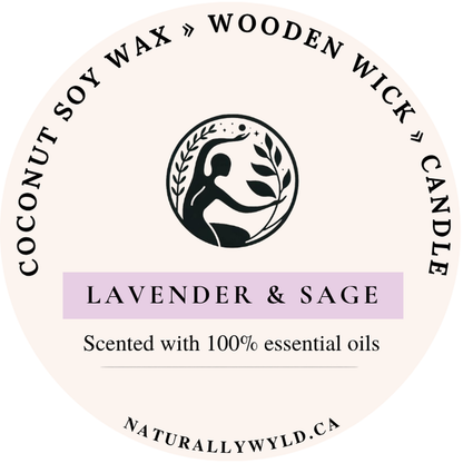 Lavender & Sage candle lid label — coconut soy wax wooden wick, scented with essential oils