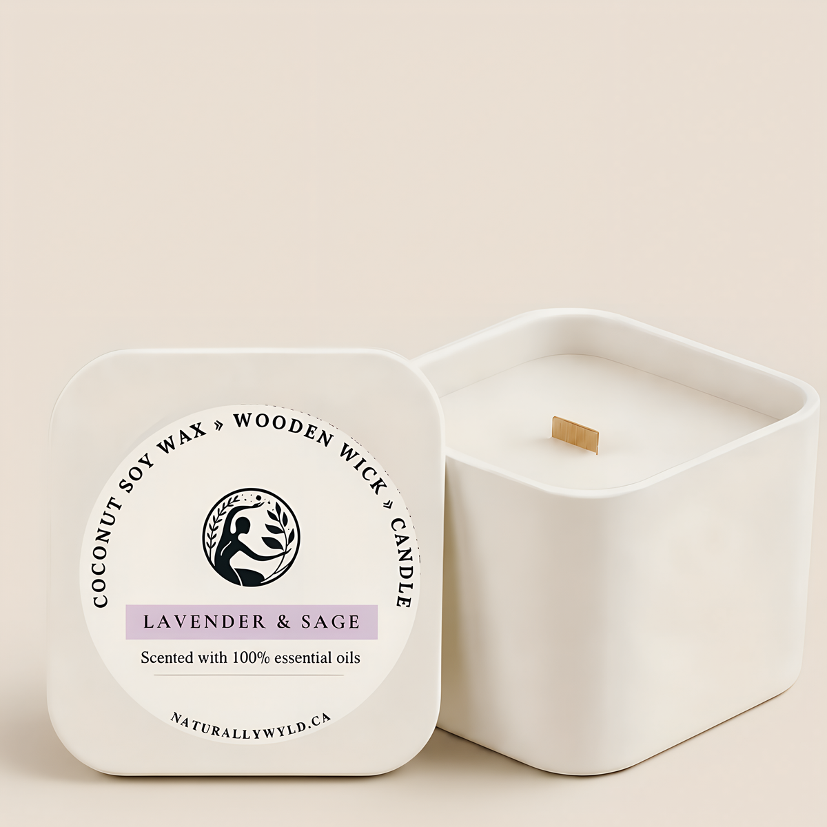Lavender & Sage coconut soy wax wooden wick candle in 8oz white tin by Naturally Wyld