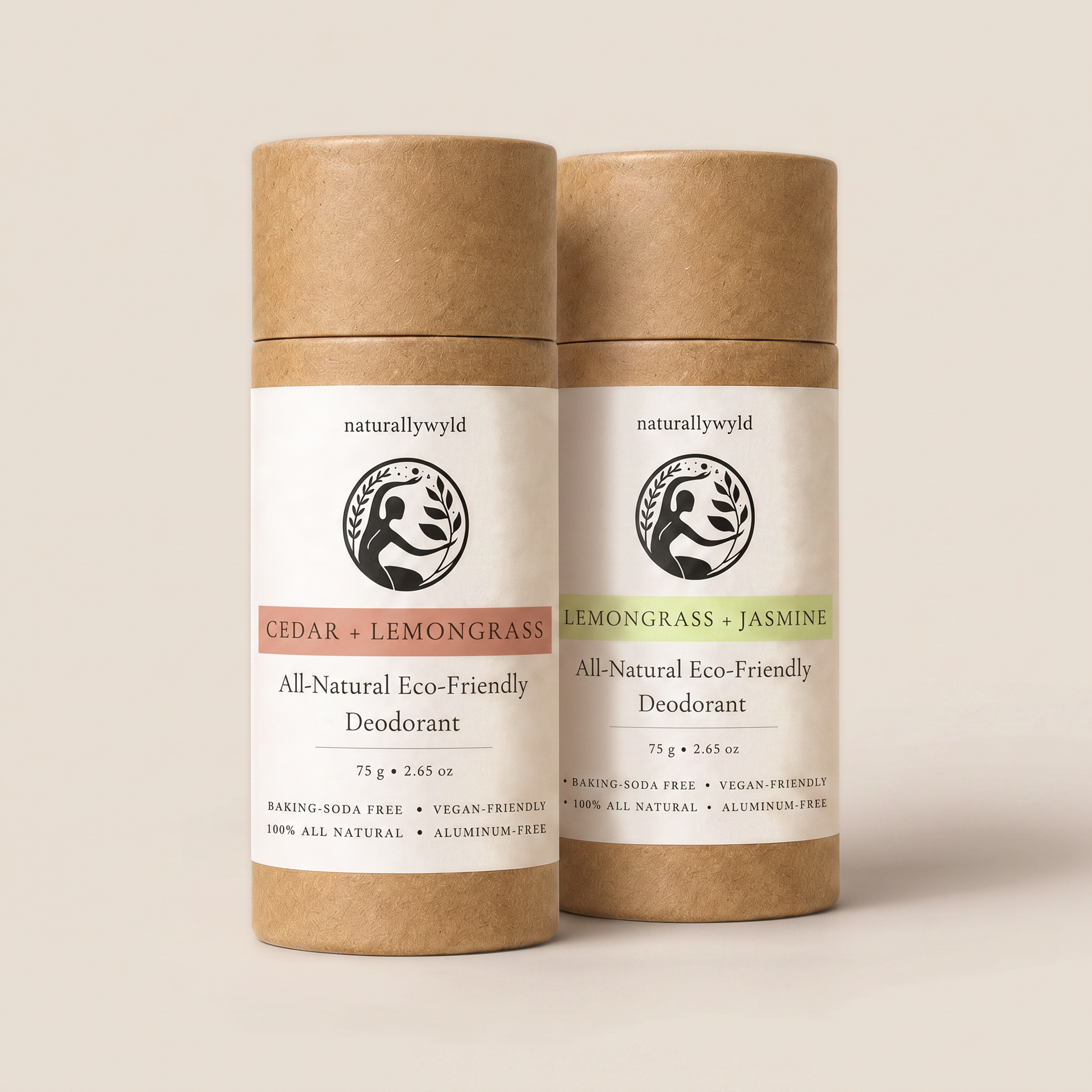Cedar Lemongrass and Lemongrass Jasmine natural deodorant duo in kraft tubes by Naturally Wyld