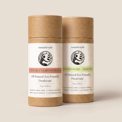 Cedar Lemongrass and Lemongrass Jasmine natural deodorant duo in kraft tubes by Naturally Wyld