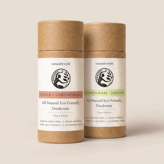 Cedar Lemongrass and Lemongrass Jasmine natural deodorant duo in kraft tubes by Naturally Wyld
