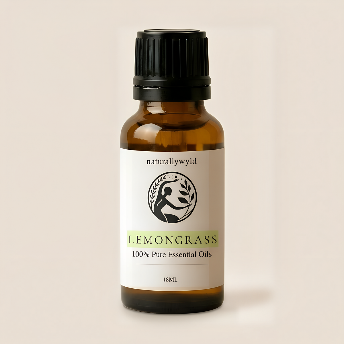 Amber 18ml dropper bottle of Naturally Wyld Pure Lemongrass Essential Oil with yellow-green label