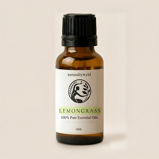 Amber 18ml dropper bottle of Naturally Wyld Pure Lemongrass Essential Oil with yellow-green label