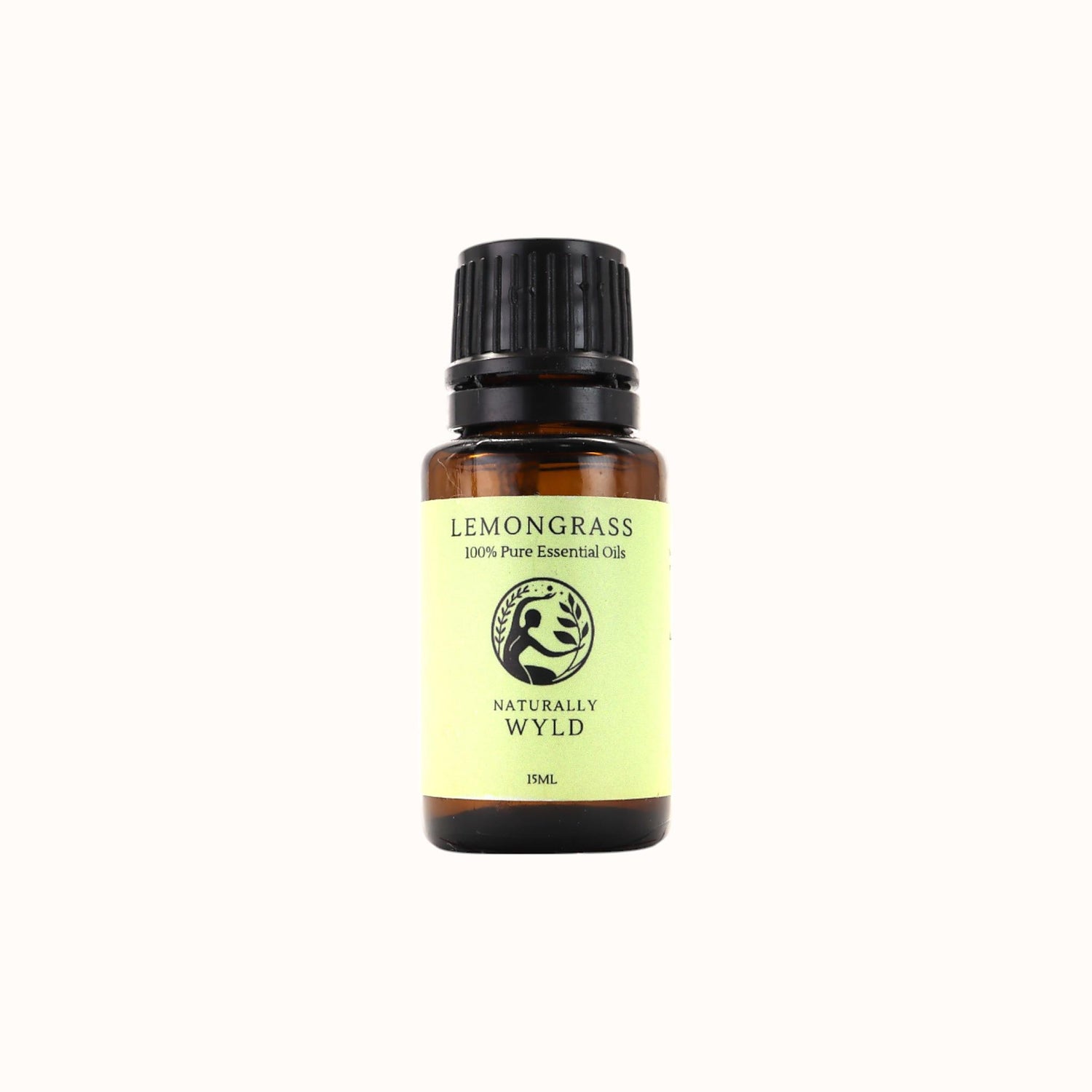 Amber bottle of Naturally Wyld Pure Lemongrass Essential Oil with citrus yellow green label
