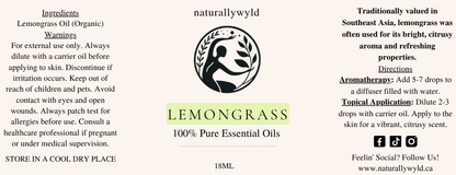 Yellow-green Lemongrass Essential Oil label for the Naturally Wyld 18ml amber bottle