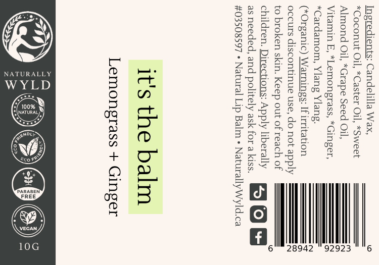 Lemongrass and Ginger natural lip balm label with full ingredients list by Naturally Wyld