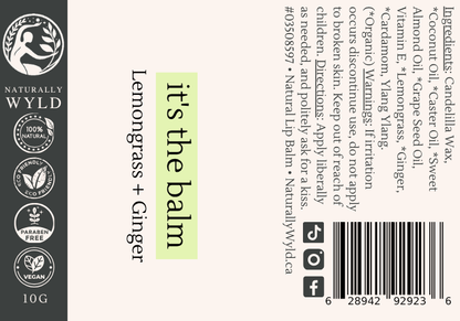 Lemongrass and Ginger natural lip balm label with full ingredients list by Naturally Wyld