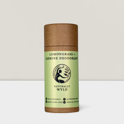 All Natural Naturally Wyld Lemongrass Jasmine Deodorant, vegan, cruelty free, aluminum free, front label, eco friendly plastic free tubes