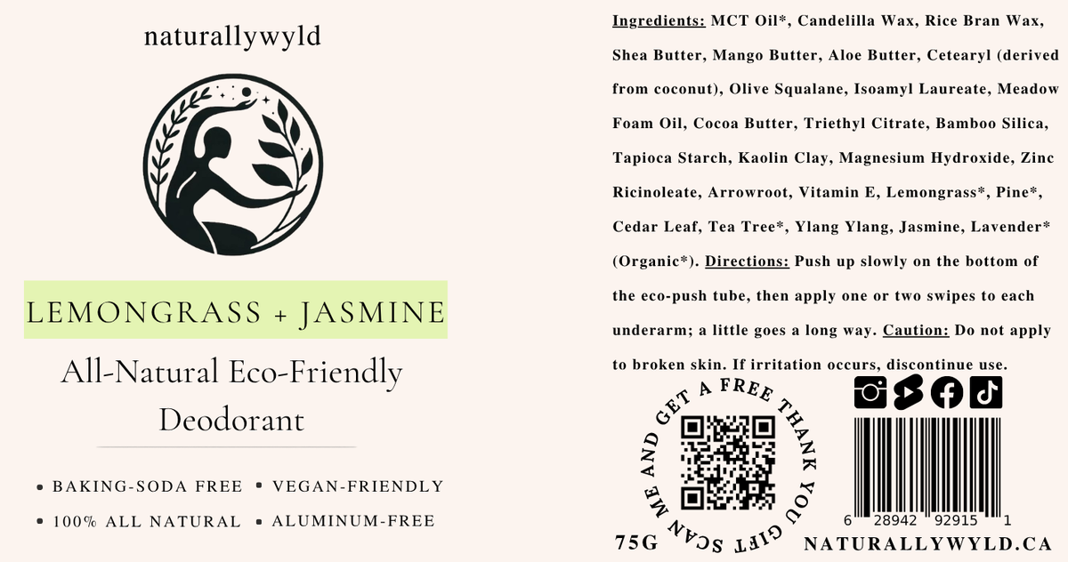 Lemongrass and Jasmine natural deodorant label with full ingredients list by Naturally Wyld