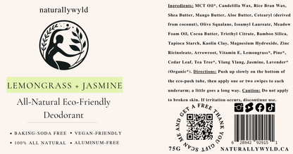 Lemongrass and Jasmine natural deodorant label with full ingredients list by Naturally Wyld