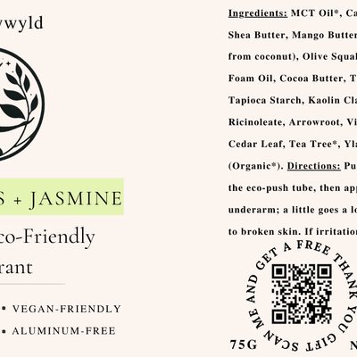Lemongrass and Jasmine natural deodorant label with full ingredients list by Naturally Wyld
