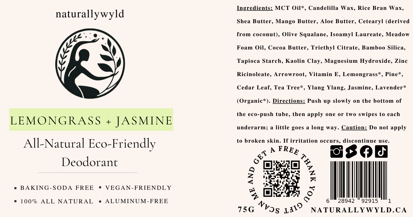 Lemongrass and Jasmine natural deodorant label with full ingredients list by Naturally Wyld