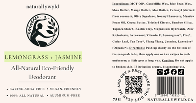 Lemongrass and Jasmine natural deodorant label with full ingredients list by Naturally Wyld