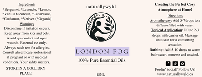 London Fog essential oil blend label in soft lavender purple for the Naturally Wyld 18ml amber bottle
