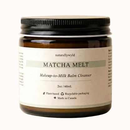 Matcha Melt Makeup-to-Milk Balm Cleanser — amber glass jar with plant-based botanical formula by Naturally Wyld