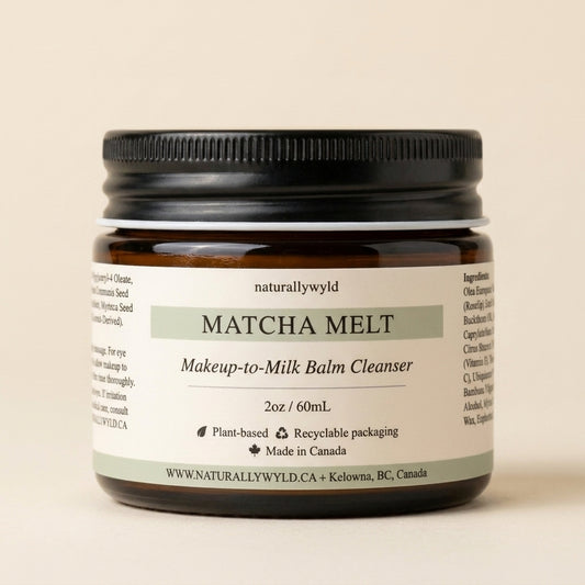 Matcha Melt Makeup-to-Milk Balm Cleanser — amber glass jar with plant-based botanical formula by Naturally Wyld