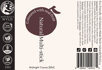 Midnight Cocoa Multi-Stick label – all-natural, vegan lip and cheek colour in rich brown with plum undertones