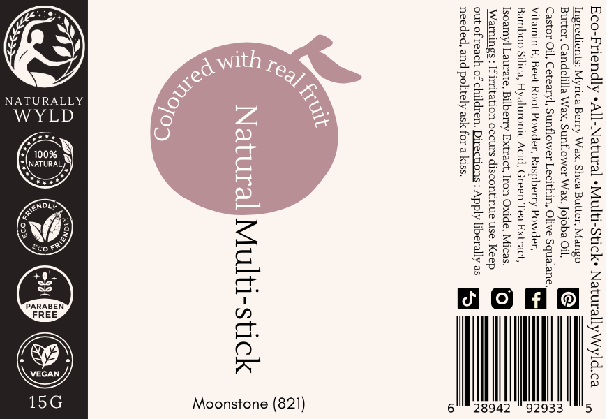 Label for Moonstone Natural Multi-Stick by Naturally Wyld – soft shimmer rose shade made with real fruit pigments in plastic-free, eco-friendly packaging.