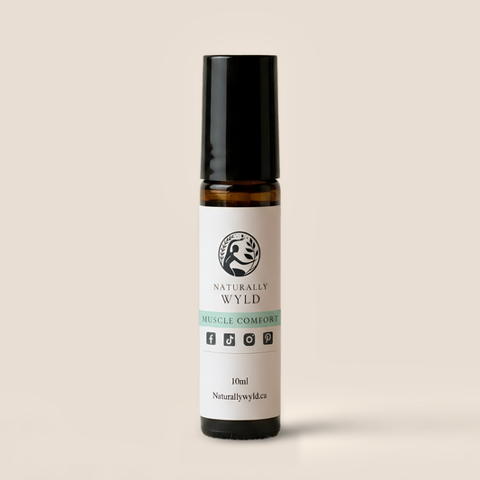 Muscle Comfort essential oil roll-on in 10ml amber glass bottle by Naturally Wyld