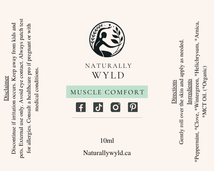 Muscle Comfort essential oil roll-on label with full ingredients list by Naturally Wyld
