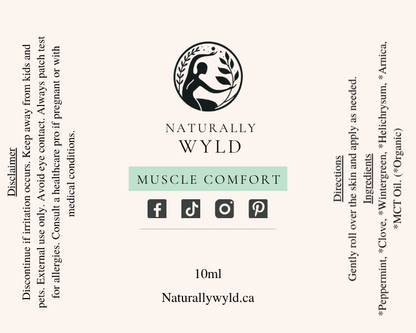 Muscle Comfort essential oil roll-on label with full ingredients list by Naturally Wyld