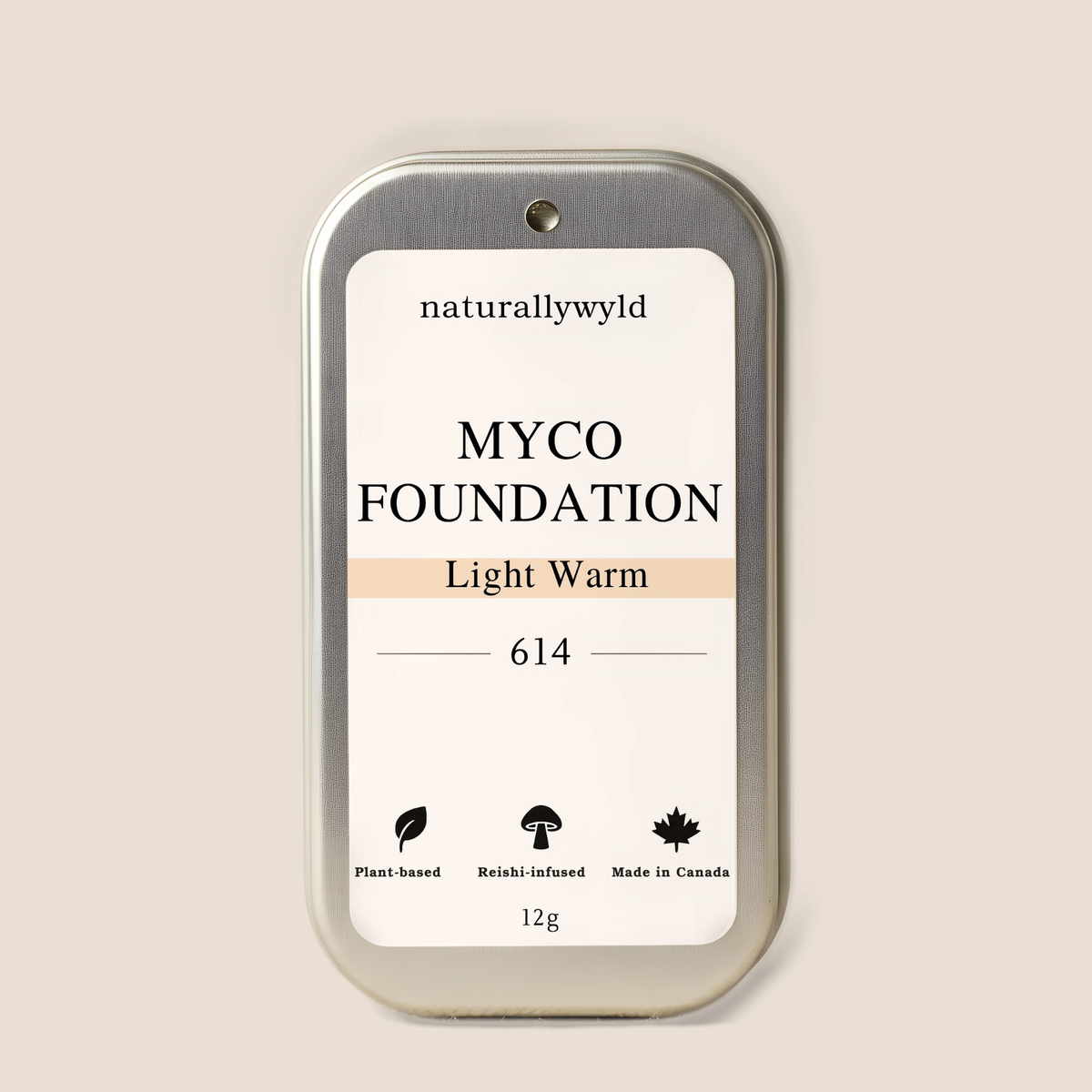 MYCO Foundation 614 Light Warm closed 12g slide-top tin - vegan reishi and tremella mushroom foundation by Naturally Wyld