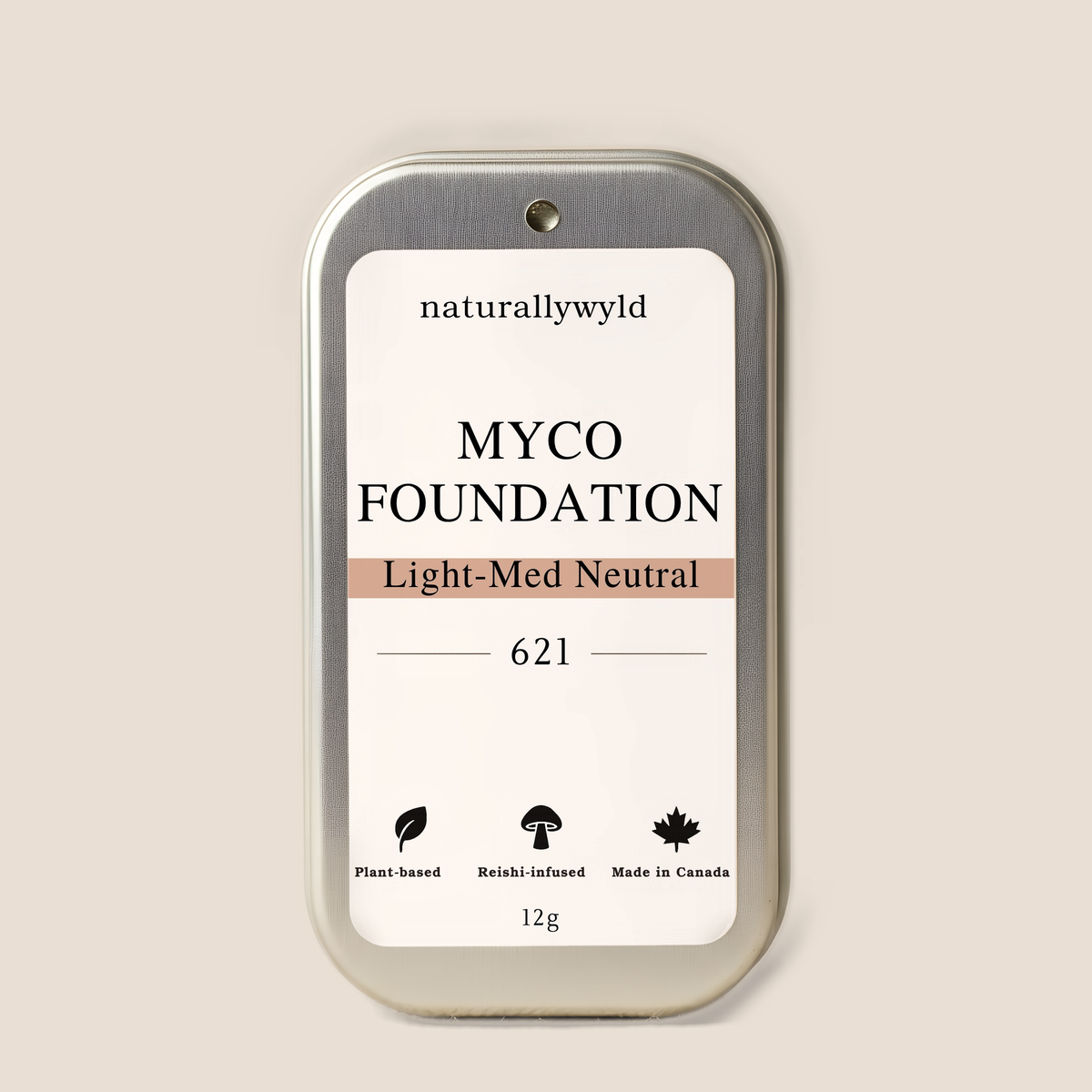 MYCO Foundation shade 621 closed tin – Light-Medium Neutral mushroom cream foundation, Naturally Wyld