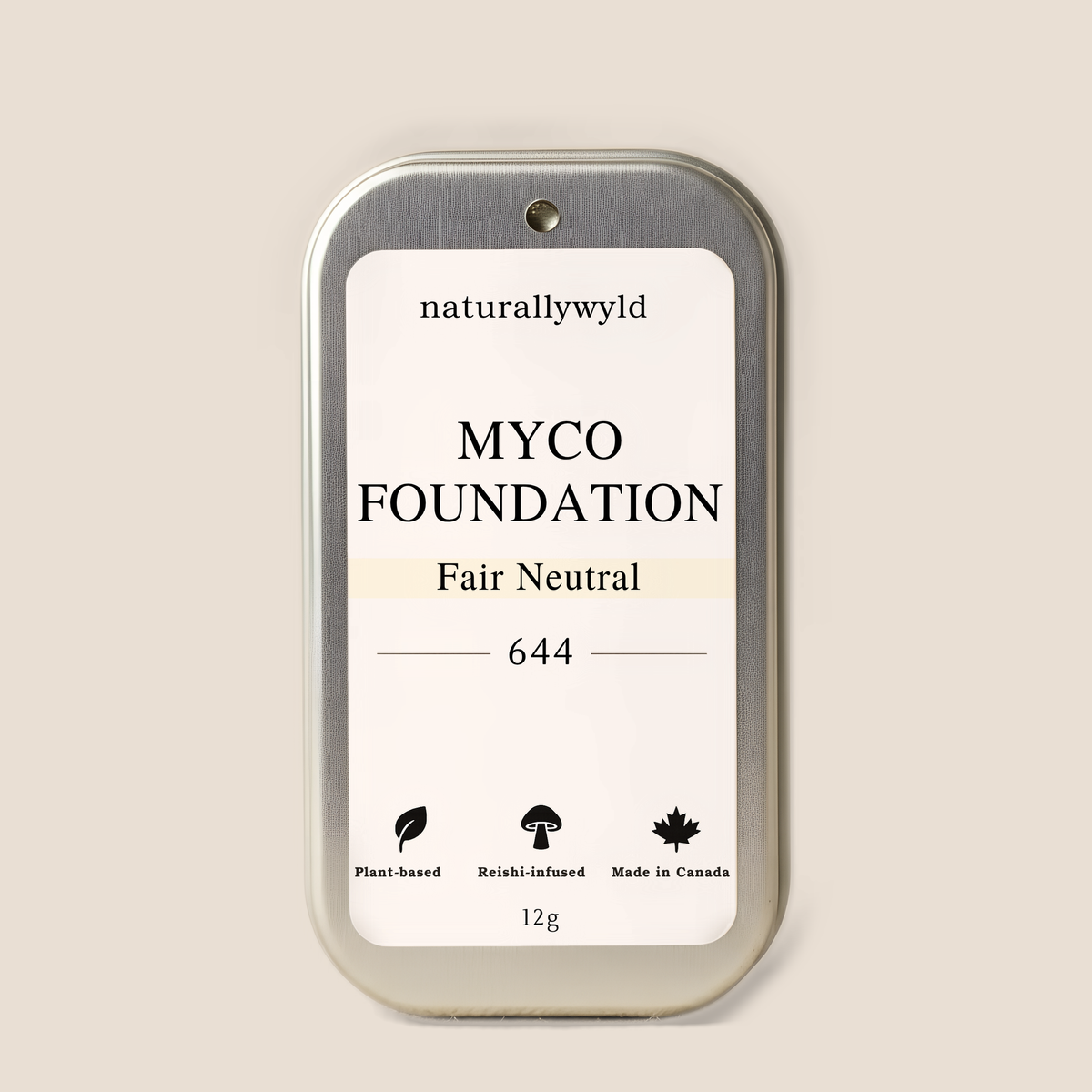 MYCO Foundation 644 Fair Neutral closed 12g slide-top tin on greige background