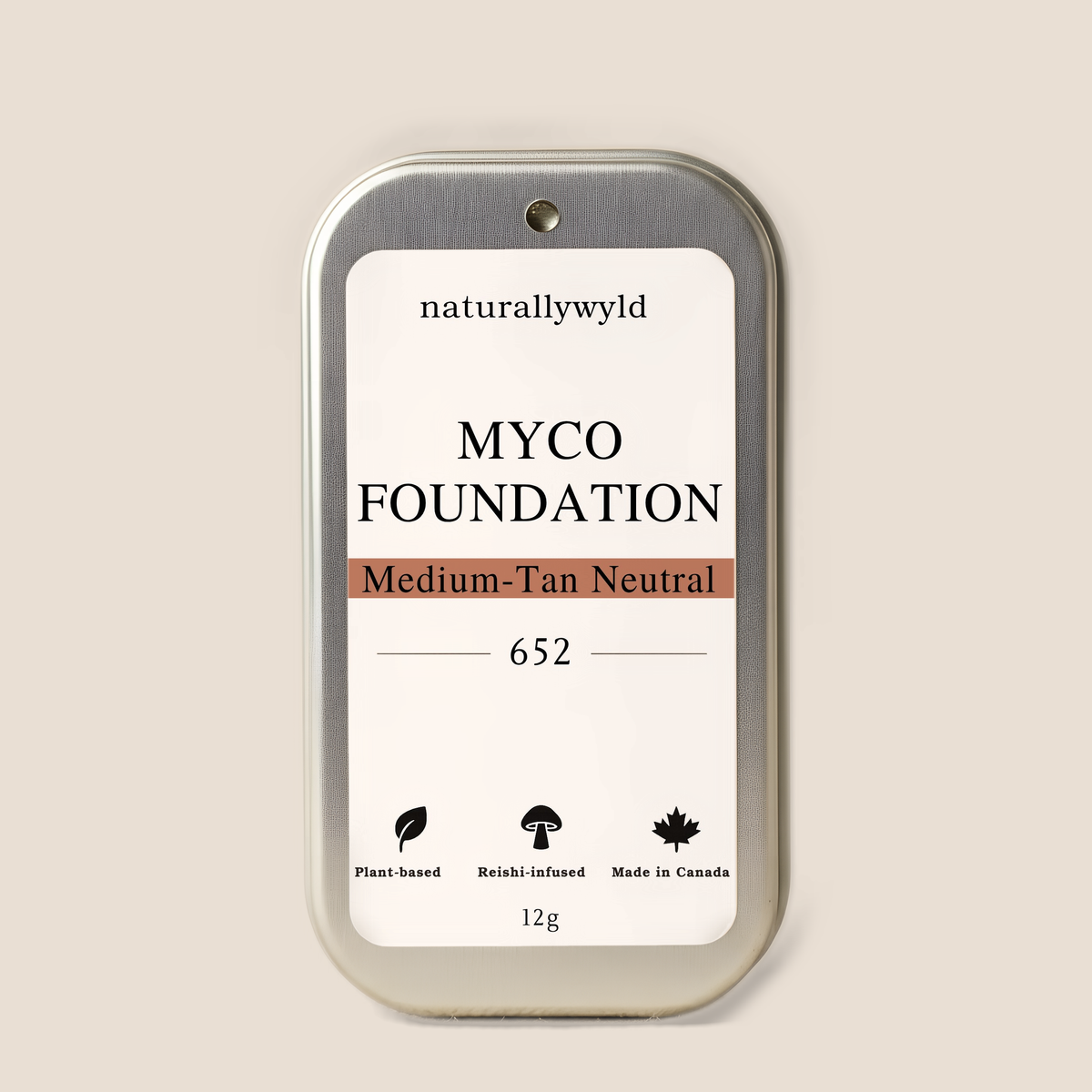 MYCO Foundation shade 652 Medium-Tan Neutral closed tin with label, plastic-free 12g tin