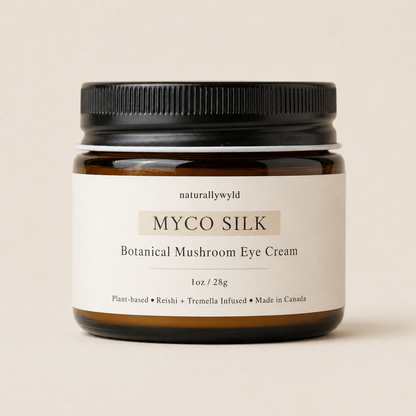 MYCO Silk botanical mushroom eye cream with reishi and tremella in 1oz amber jar by Naturally Wyld