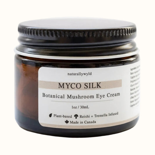 MYCO Silk Botanical Mushroom Eye Cream — amber glass jar with reishi and tremella mushroom infused plant-based formula, Naturally Wyld