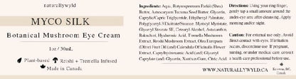 MYCO Silk Botanical Mushroom Eye Cream label — plant-based reishi and tremella mushroom infused eye cream