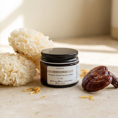 MYCO Silk Botanical Mushroom Eye Cream lifestyle shot — amber jar with fresh tremella snow mushrooms and reishi mushrooms on a warm limestone counter