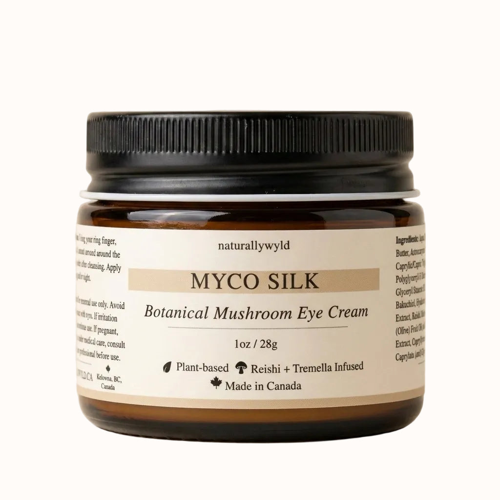 MYCO Silk Botanical Mushroom Eye Cream — amber glass jar with reishi and tremella mushroom infused plant-based formula, Naturally Wyld