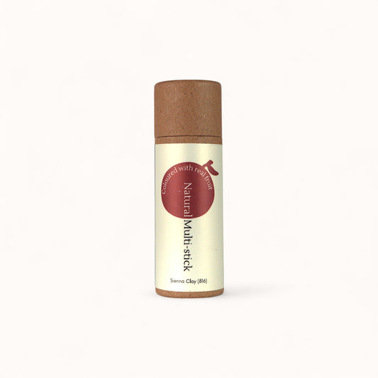 Natural Sienna Clay Multi-Stick label – eco-friendly, fruit-pigmented vegan lip, cheek, and eye color