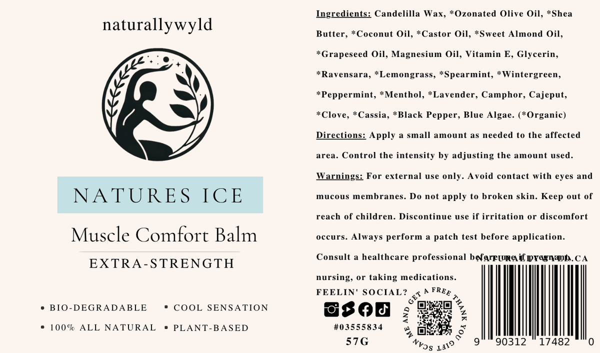 Nature's Ice muscle comfort balm label with full ingredients list by Naturally Wyld