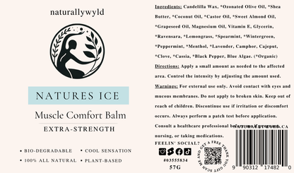 Nature's Ice muscle comfort balm label with full ingredients list by Naturally Wyld