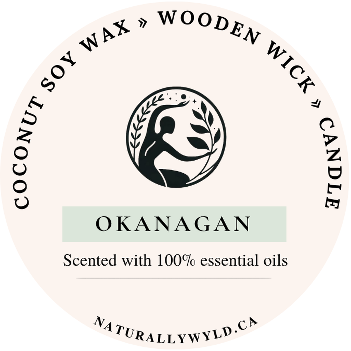 Okanagan candle lid label — coconut soy wax wooden wick, scented with essential oils