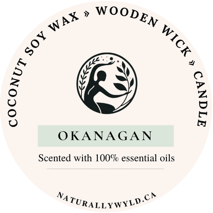Okanagan candle lid label — coconut soy wax wooden wick, scented with essential oils