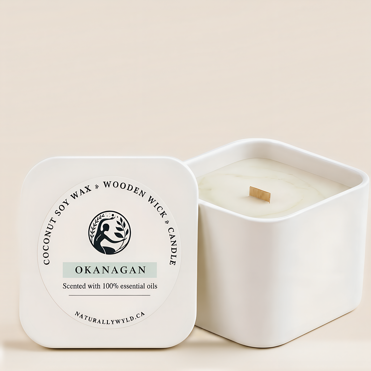 Okanagan coconut soy wax wooden wick candle in 8oz white tin by Naturally Wyld
