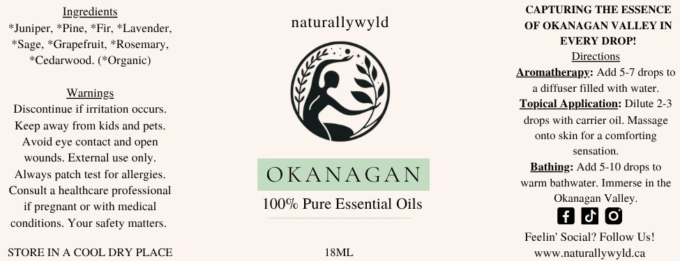 Okanagan essential oil blend label in soft sage green for the Naturally Wyld 18ml amber bottle