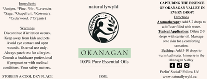 Okanagan essential oil blend label in soft sage green for the Naturally Wyld 18ml amber bottle