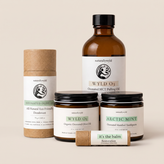Ozonated olive oil bundle with pulling oil, deodorant, lip balm and toothpaste by Naturally Wyld