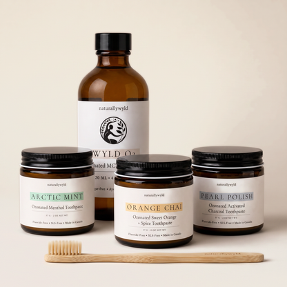 Oral care bundle with ozonated MCT pulling oil, three toothpastes and bamboo toothbrush by Naturally Wyld