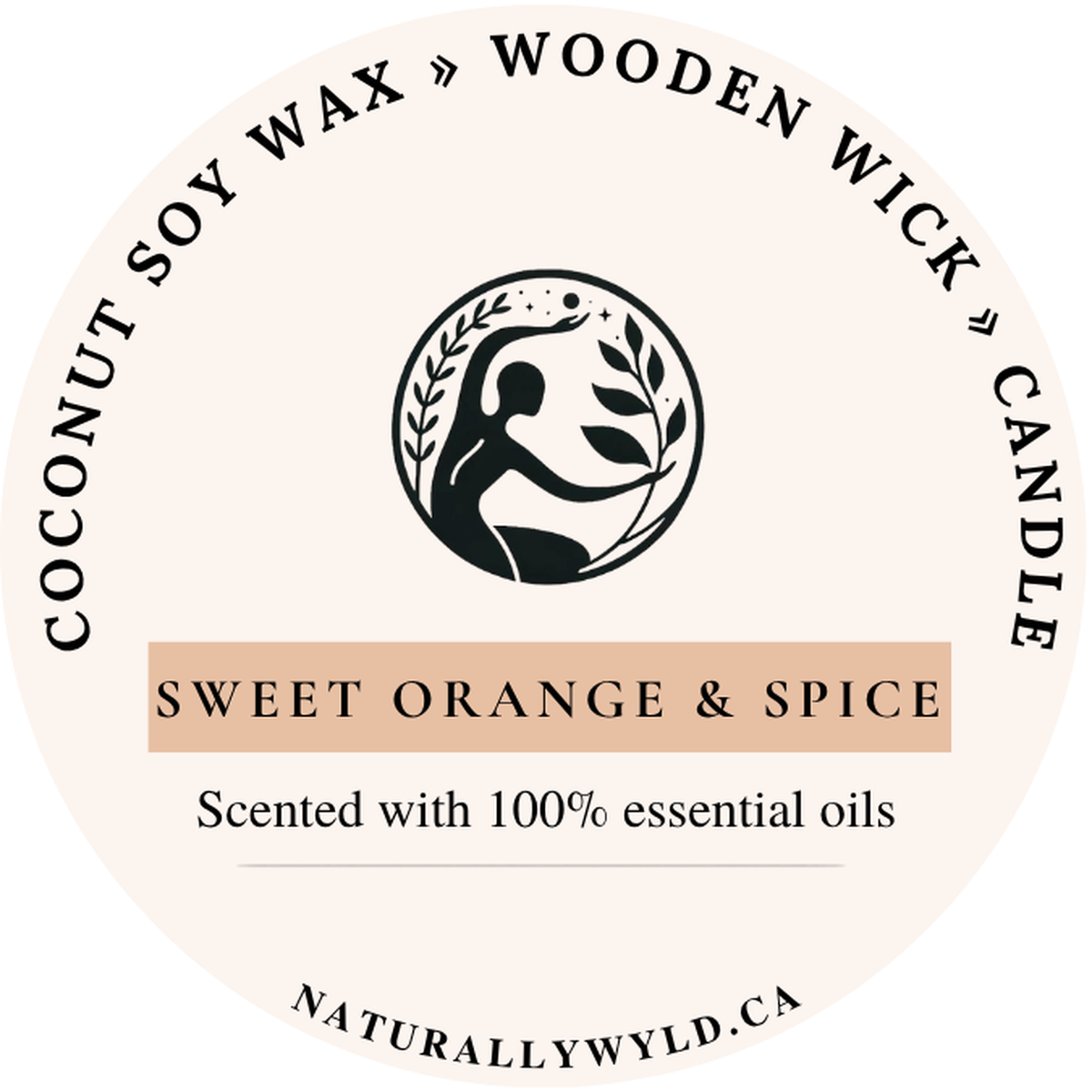 Sweet Orange & Spice candle lid label — coconut soy wax wooden wick, scented with essential oils