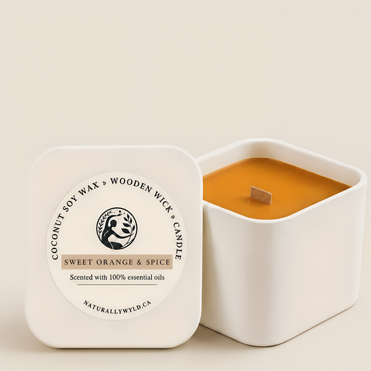 Sweet Orange & Spice coconut soy wax wooden wick candle in 8oz white tin by Naturally Wyld