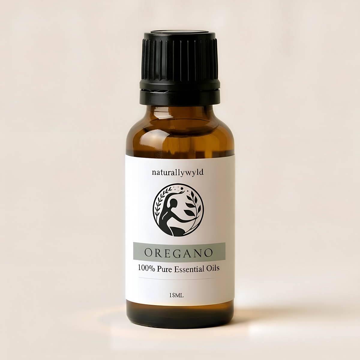 Amber 18ml dropper bottle of Naturally Wyld Pure Oregano Essential Oil with olive sage green label