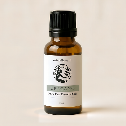 Amber 18ml dropper bottle of Naturally Wyld Pure Oregano Essential Oil with olive sage green label