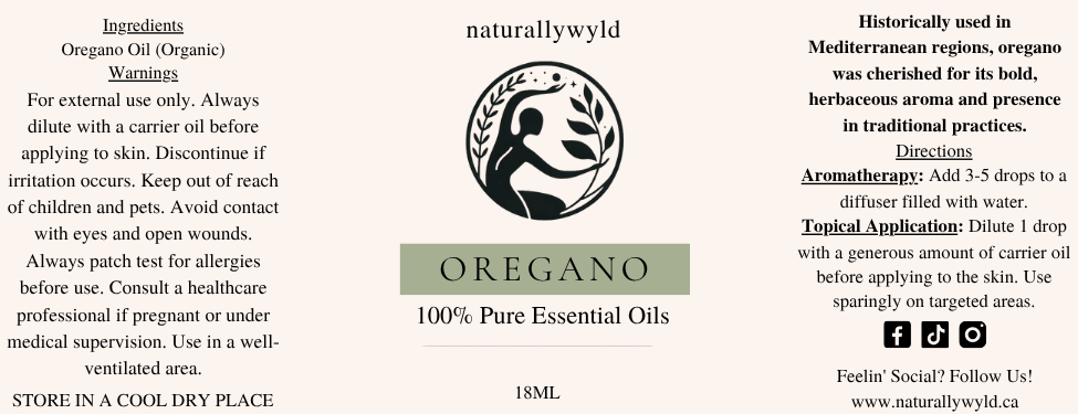 Pure Oregano Essential Oil label in olive sage green for the Naturally Wyld 18ml amber bottle